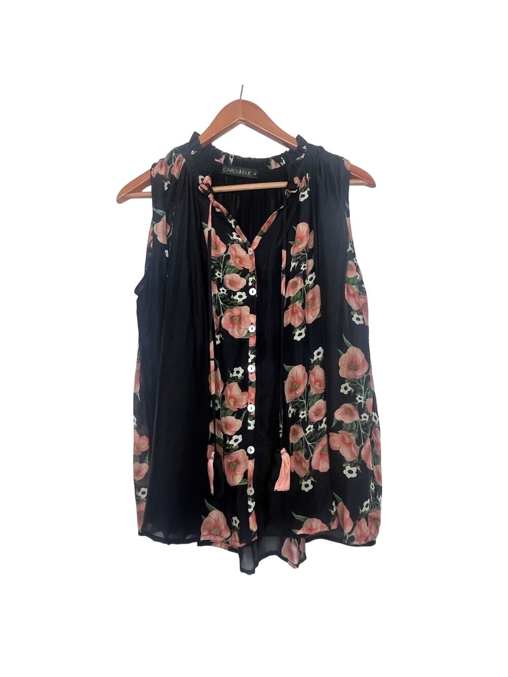 CAROLINA K Floral Poppy Silk Sleeveless Tassel Top Women’s Sz Large Black